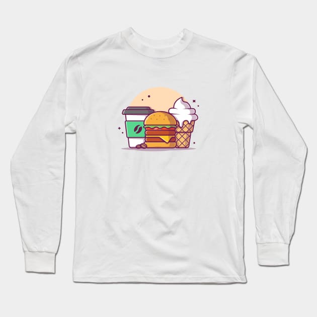 Burger with Cup of Coffee and Ice Cream Cartoon Vector Icon Illustration Long Sleeve T-Shirt by Catalyst Labs